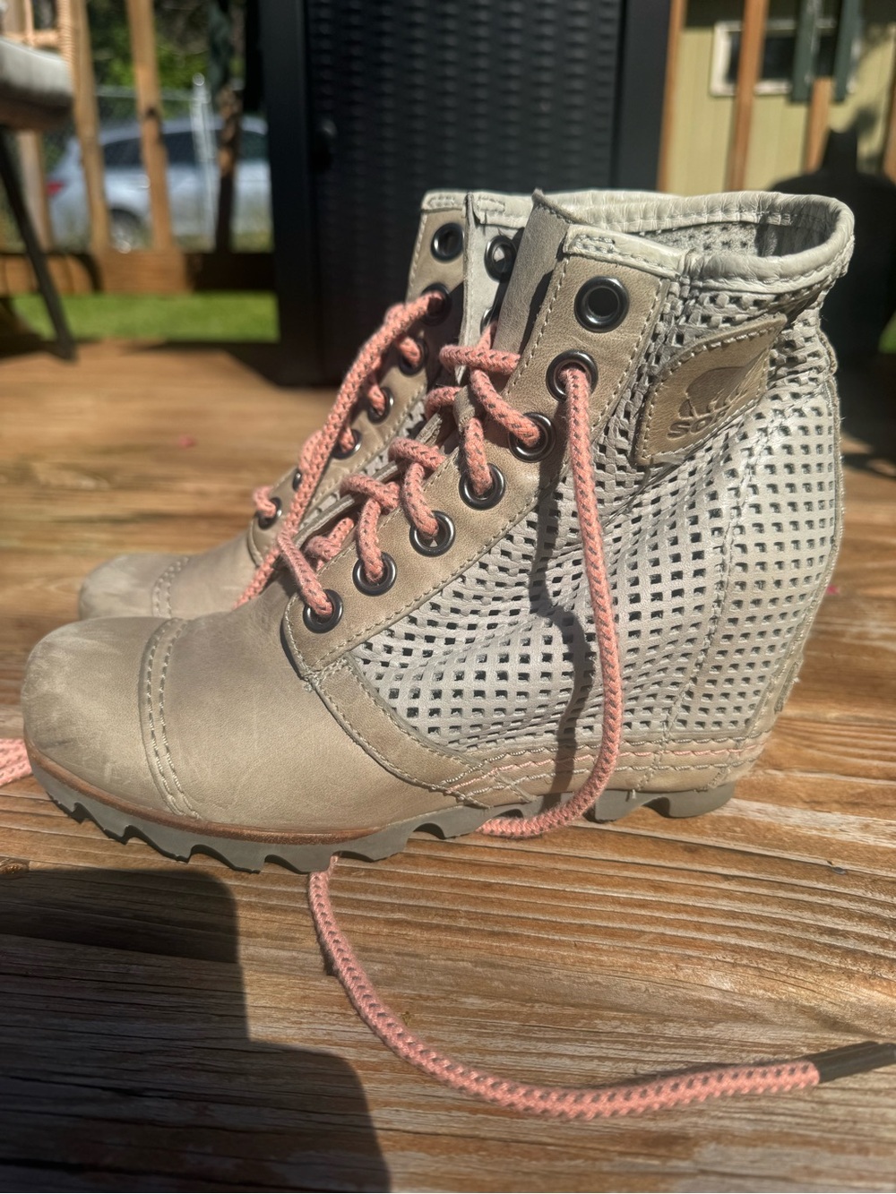 Sorel Taupe Perforated Wedge Ankle Boots with Pink Laces